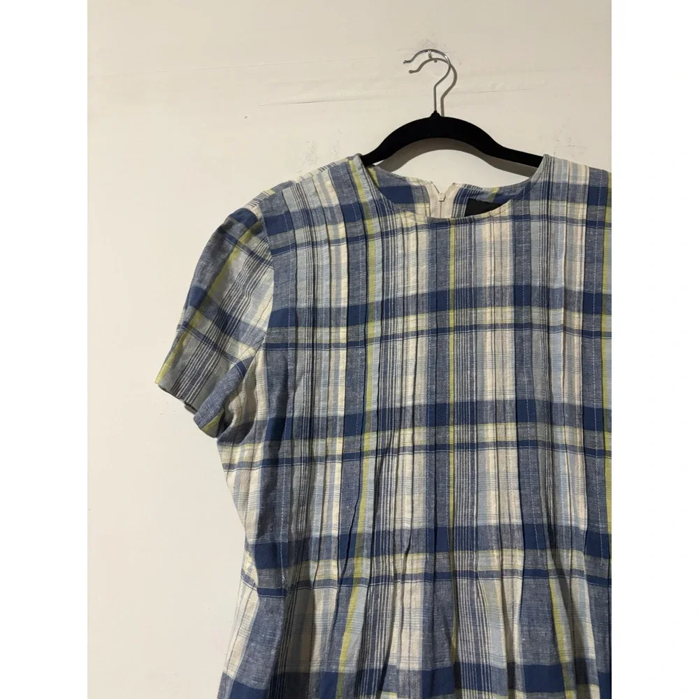 Women's Positive Attitude Blue Plaid Linen Blend Short Sleeve Midi Dress Size 14